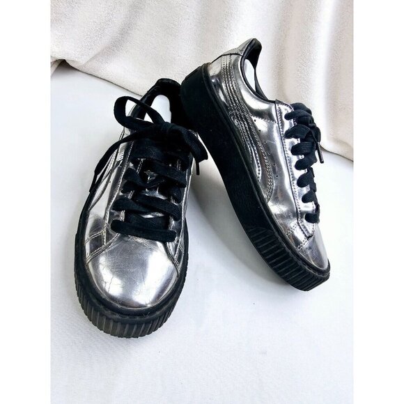 Puma Size 6 Womens Silver patent Leather Low Lace Platform Logo Fashion Sneakers - Picture 6 of 11